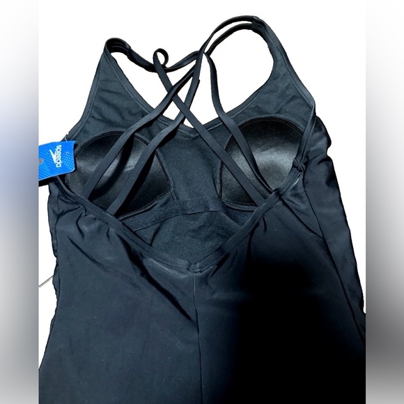New Speedo One Piece Swimsuit Solid Black Double Strap Criss Cross Swimwear Sz L - Picture 8 of 13
